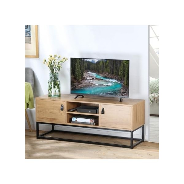CALICOSY Meuble TV 2 Portes avec Niches Centrale - Jill - Structure en Métal - Style Industriel - Effet Chêne - Support TV po