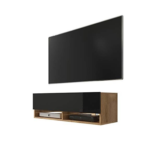 Selsey Wander - Meuble TV/Banc TV 100 cm, chêne wotan/Noir Brillant, avec LED