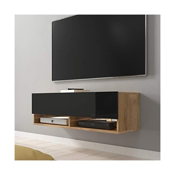 Selsey Wander - Meuble TV/Banc TV 100 cm, chêne wotan/Noir Brillant, avec LED