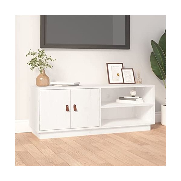 WIFESE Meuble TV Blanc 105x34x40 cm Bois de Pin Massif Unité TV Style Simple Meuble de Télévision Armoire Stéréo Salon Meuble