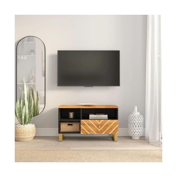 vidaXL Meuble TV Marron et Noir 80x33,5x46 cm Bois Massif de manguier