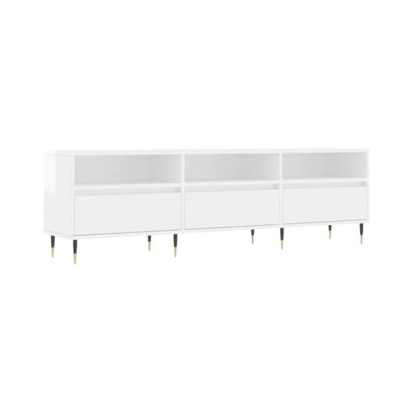 Hovothy Meuble TV Blanc Brillant 150x30x44,5 cm Bois dingénierie Meuble de Salon Pieds en Fer Style Calme Décoration Intérie