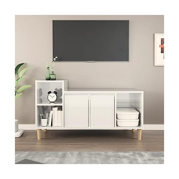 Metrile Meuble TV pour TV, meuble TV, étagère en bois 100 x 35 x 55 cm, blanc brillant