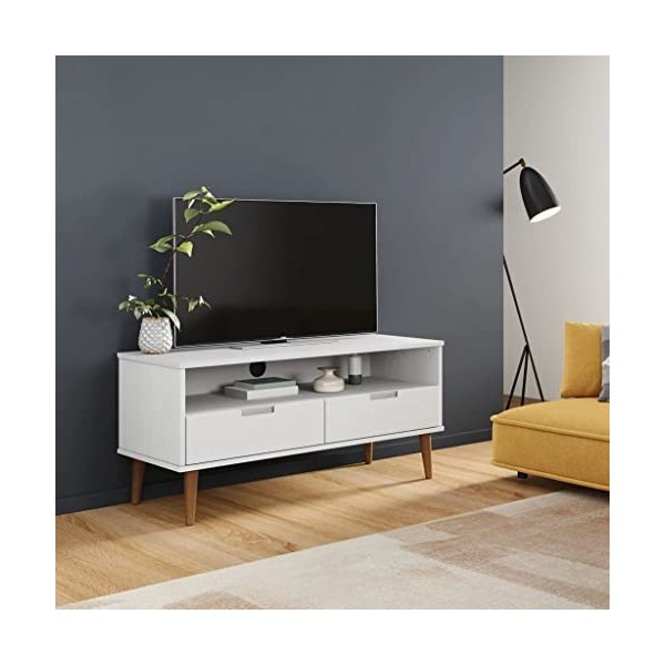 FIRBNUS Meuble TV avec 2 Tiroirs MOLDE Blanc 106x40x49 cm Bois de Pin Massif Unité TV Tendance Fonction daffichage pour Affi