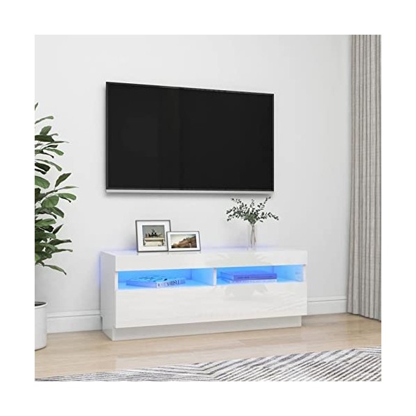 Camerina Meuble TV avec lumières LED Blanc Brillant 100x35x40 cm,Meuble TV,Meuble TV Moderne,Meuble de Salon