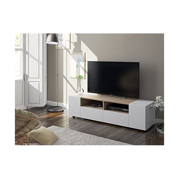 LOUNGITUDE Tamiko Meuble TV Contemporain Blanc et décor Chene FOTV6624A 138 x 42 x 36 cm