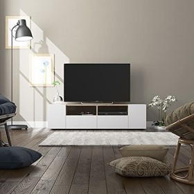 LOUNGITUDE Tamiko Meuble TV Contemporain Blanc et décor Chene FOTV6624A 138 x 42 x 36 cm