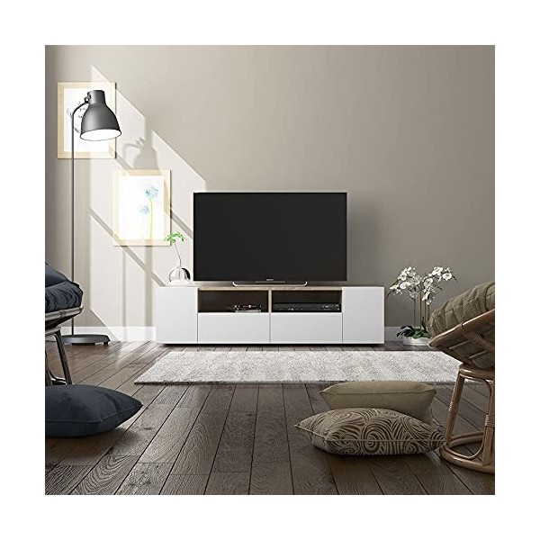 LOUNGITUDE Tamiko Meuble TV Contemporain Blanc et décor Chene FOTV6624A 138 x 42 x 36 cm