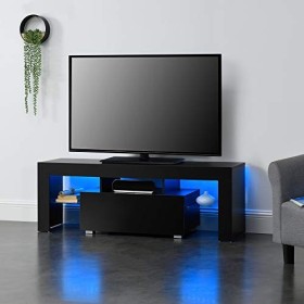 [en.casa] Meuble TV avec Éclairage LED Multicolore Banc Support Design avec Étagères de Verre et Tiroir Panneaux de Particule