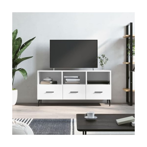 Annlera Meuble TV Blanc Brillant 102x36x50 cm Bois dingénierie Style Calme Banc TV Maison Chambre à Coucher Rangement Spacie