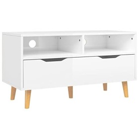 JUNZAI Meuble TV Blanc Brillant 90x40x48,5 cm Aggloméré,Meuble TV,Table Basse Salon Meuble TV,Table Basse LED Couleurs