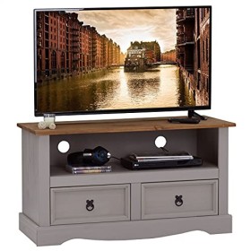 IDIMEX Meuble TV Ramon Banc télévision en pin Massif Gris et Brun avec 2 tiroirs et 1 Niche, Meuble de Rangement Style Mexica