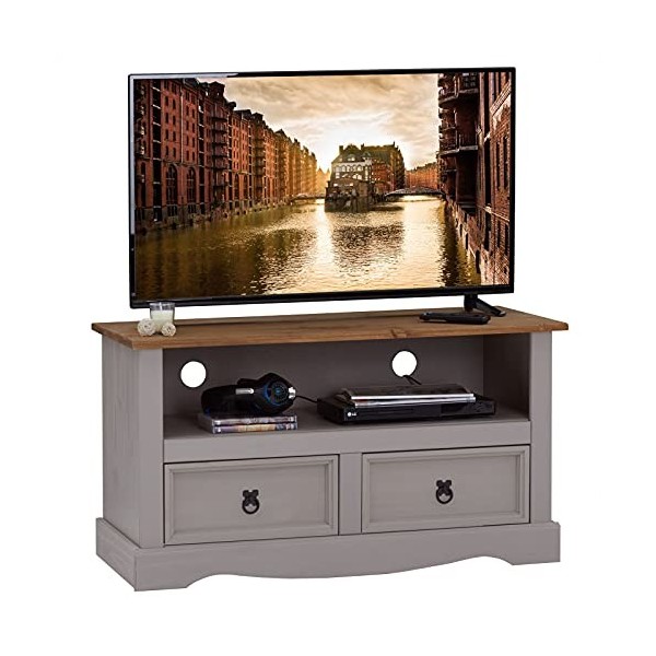 IDIMEX Meuble TV Ramon Banc télévision en pin Massif Gris et Brun avec 2 tiroirs et 1 Niche, Meuble de Rangement Style Mexica