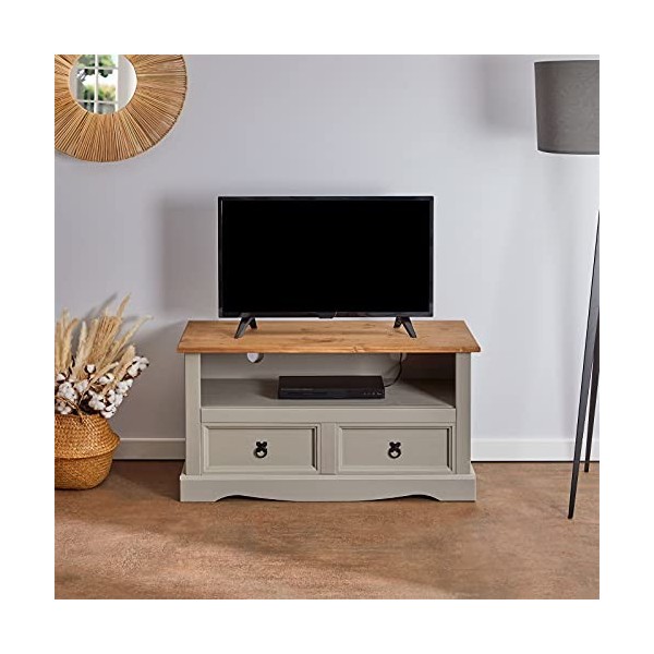 IDIMEX Meuble TV Ramon Banc télévision en pin Massif Gris et Brun avec 2 tiroirs et 1 Niche, Meuble de Rangement Style Mexica