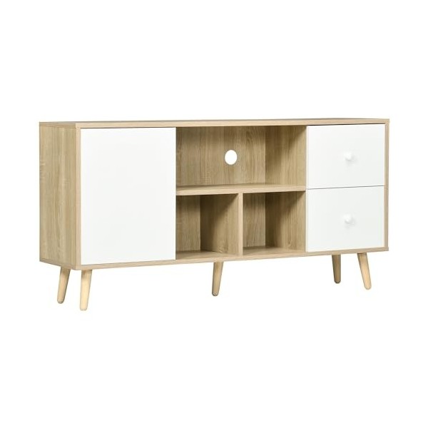 HOMCOM Meuble TV Banc TV jusquà 45 Pouces Pieds en Bois Massif Style scandinave 3 niches 1 Meuble avec Porte et 2 tiroirs