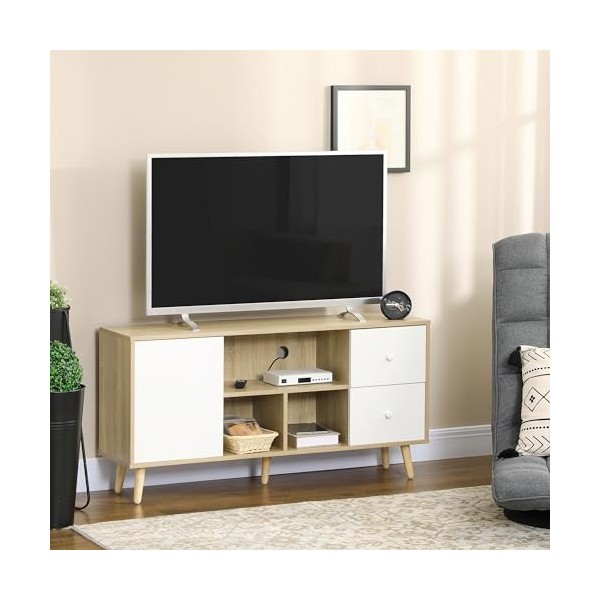 HOMCOM Meuble TV Banc TV jusquà 45 Pouces Pieds en Bois Massif Style scandinave 3 niches 1 Meuble avec Porte et 2 tiroirs