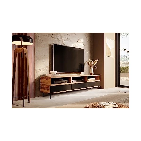 Selsey RIKKE - Meuble TV/Banc TV chêne wotan/Noir Brillant sans LED
