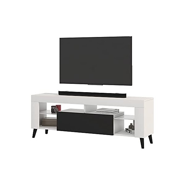 Selsey HugoB - Meuble TV - 140 cm, Blanc Mat/Gris Brillant - Style Moderne