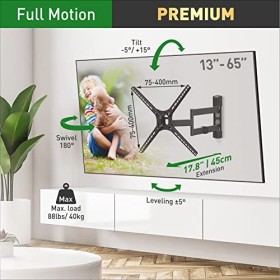 Barkan Support TV Mural pour écrans 13-65 Pouces, Inclinable et orientable, Mouvement Complet, Plats & incurvés ecran, Poids 