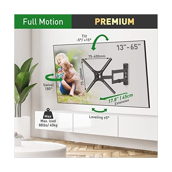 Barkan Support TV Mural pour écrans 13-65 Pouces, Inclinable et orientable, Mouvement Complet, Plats & incurvés ecran, Poids 