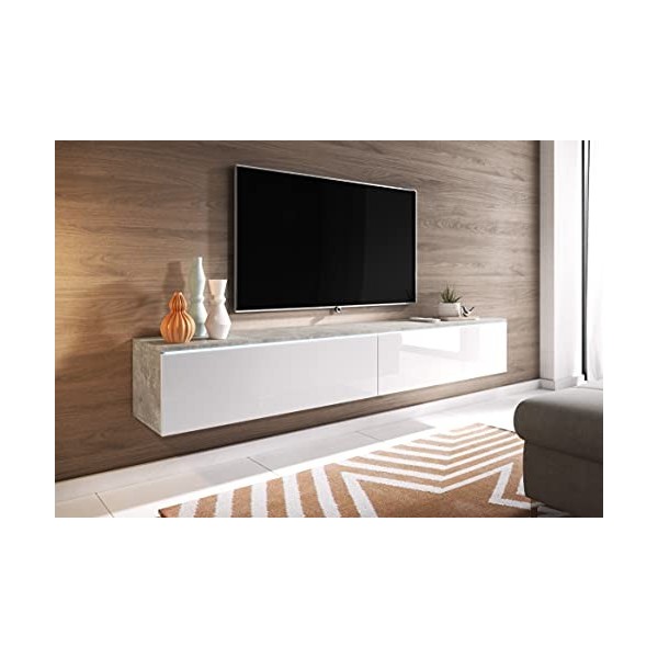 Meuble TV Donna, Largeur 140 cm, Lowboard TV, Debout ou Suspendu, Meuble Salon, Panneaux de Particules stratifiés, Style Mode