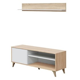 Loungitude - LAURA - Meuble TV - 2 niches - 1 porte avec son étagère murale - Blanc/chêne - L135 x P40 x H50cm