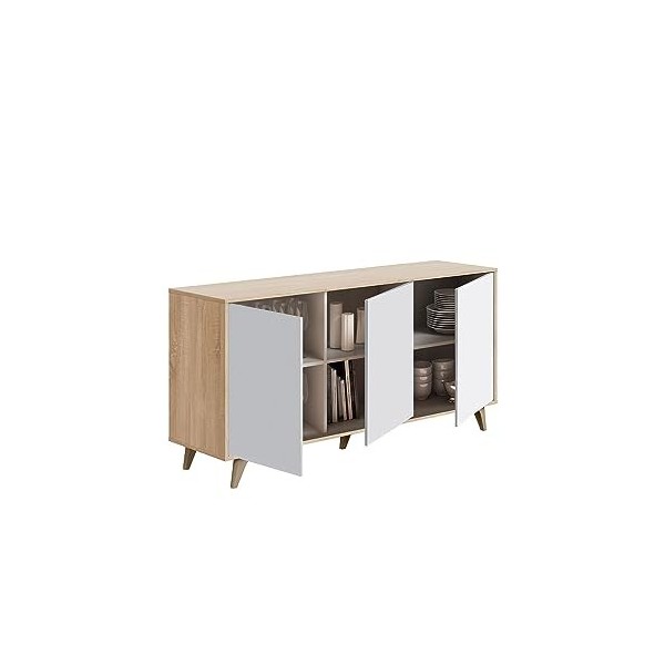 Loungitude - LAURA - Meuble TV - 2 niches - 1 porte avec son étagère murale - Blanc/chêne - L135 x P40 x H50cm