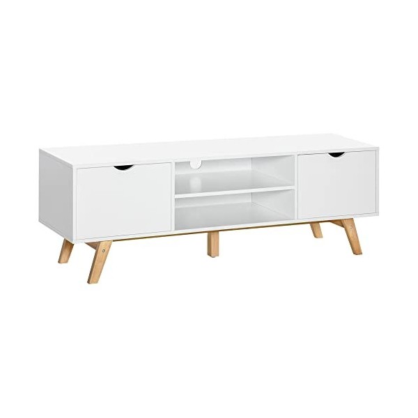 HOMCOM Meuble TV Banc TV sur Pied Moderne Scandinave 2 Portes 2 niches en Bois Blanc 150L x 39l x 50H cm
