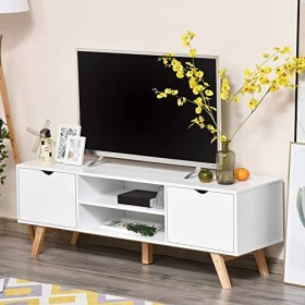 HOMCOM Meuble TV Banc TV sur Pied Moderne Scandinave 2 Portes 2 niches en Bois Blanc 150L x 39l x 50H cm