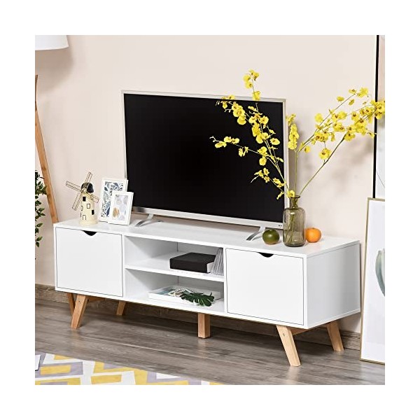 HOMCOM Meuble TV Banc TV sur Pied Moderne Scandinave 2 Portes 2 niches en Bois Blanc 150L x 39l x 50H cm