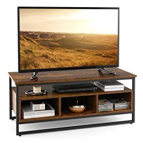 GYMAX Meuble TV Style Industriel pour 50" Télévision avec Cadre Métallique, Table Basse avec Étagère Ouverte et 3 Compartimen