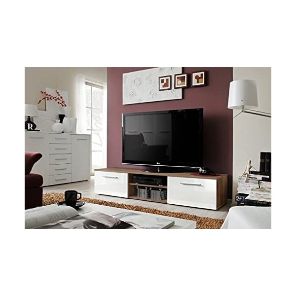 Banc TV - 180 x 37 x 45 cm - Panneaux de Particules - Acacia et Blanc