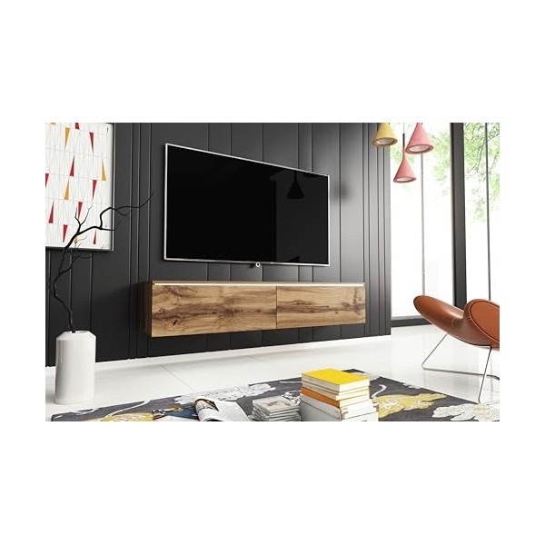 Meuble TV Donna, Largeur 140 cm, Lowboard TV, Debout ou Suspendu, Meuble Salon, Panneaux de Particules stratifiés, Style Mode