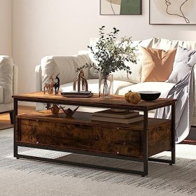 GYMAX Meuble TV Style Industriel pour 50" Télévision avec Cadre Métallique, Table Basse avec Étagère Ouverte et 3 Compartimen