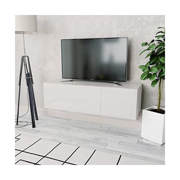 Meuble TV Aggloméré 120x40x34 cm Blanc Brillant - Meuble télé, Meuble TV Industriel, Meuble Chambre, Convient pour Salon ou C
