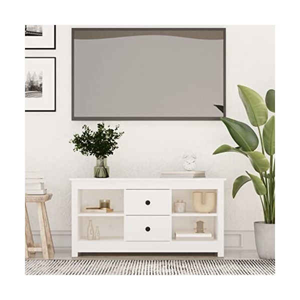 FAMIROSA Meuble TV Blanc 103x36,5x52 cm Bois de pin Massif 15.5KG 
