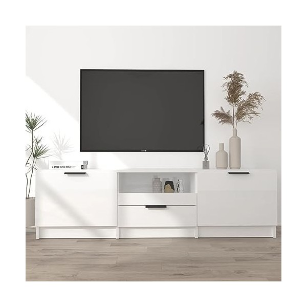ARKEM Meuble TV Blanc Brillant 140x35x40 cm Bois dingénierie,Meuble TV Haut,Table Television Salon,Meuble Télé Haut