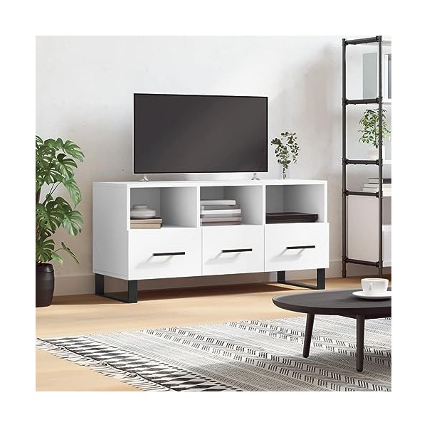 Annlera Meuble TV Blanc Brillant 102x36x50 cm Bois dingénierie Banc TV Maison Chambre à Coucher Plateau Stable Placer Livres