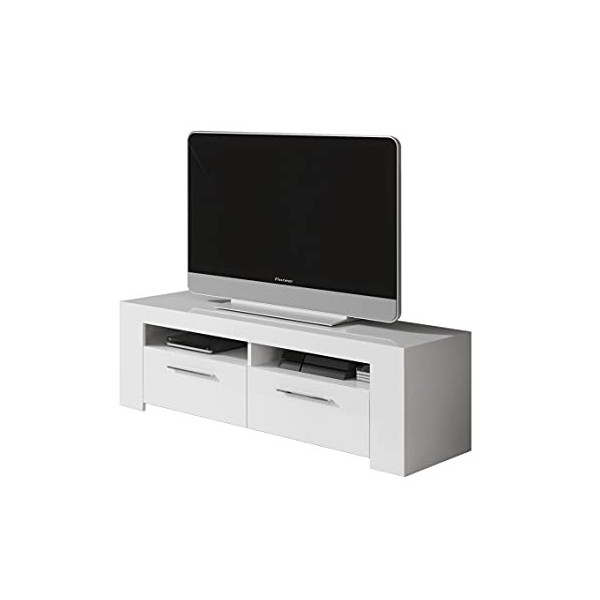 Loungitude - Meuble TV avec 2 portes et 2 niches de rangement L120 cm - Blanc