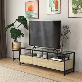 HOMCOM Meuble TV Banc TV pour télévision jusquà 65 Pouces Plateau en Verre trempé strucuture en Acier avec 3 tiroirs - 148 x