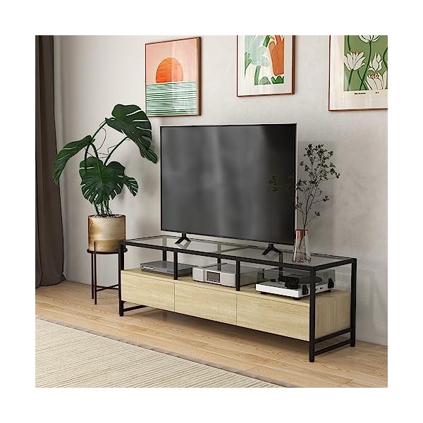 HOMCOM Meuble TV Banc TV pour télévision jusquà 65 Pouces Plateau en Verre trempé strucuture en Acier avec 3 tiroirs - 148 x