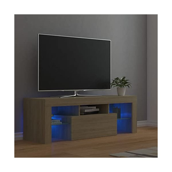 FIRBNUS Meuble TV avec Lumières LED Chêne Sonoma 120x35x40 cm Aggloméré Armoire Média Salon Amplement d’Espace pour Garder et