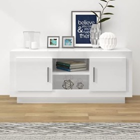 homiuse Meuble TV Blanc Brillant 102x35x45 cm Bois dingénierie Unité TV Design Epuré Armoire TV Bibliothèque Salon Meuble de