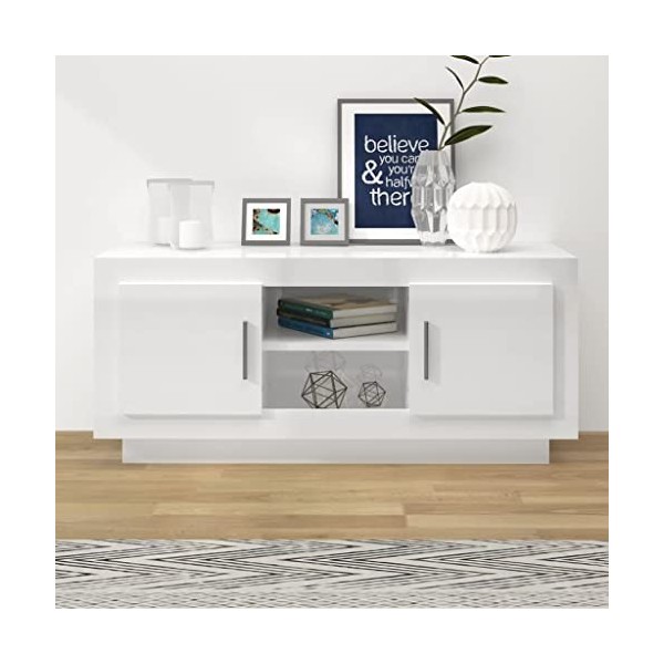 homiuse Meuble TV Blanc Brillant 102x35x45 cm Bois dingénierie Unité TV Design Epuré Armoire TV Bibliothèque Salon Meuble de