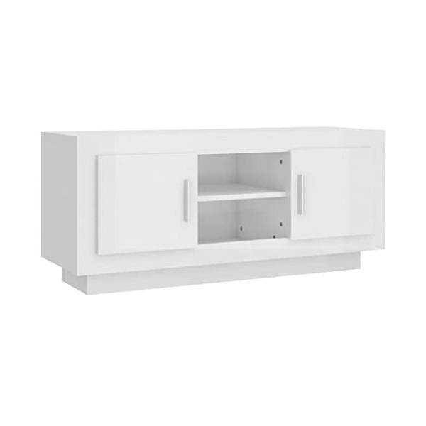 homiuse Meuble TV Blanc Brillant 102x35x45 cm Bois dingénierie Unité TV Design Epuré Armoire TV Bibliothèque Salon Meuble de