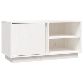 Annlera Meuble TV Blanc 80x35x40,5 cm avec 3 Compartiments Bois de Pin Massif Classique Banc TV Dessus de Meuble Robuste Plac