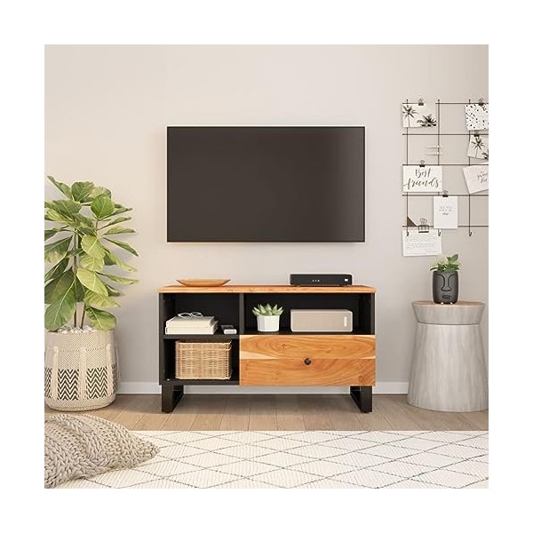 Hovothy Meuble TV 80x33x46 cm 3 Compartiments Bois dacacia Massif avec Une Finition Naturelle Unité Multimédia Design Tendan