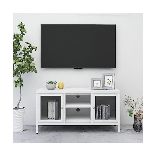 Générique Meuble TV Blanc 105x35x52 cm Acier et Verre,20.98 KG,336059, Meubles, Meubles TV