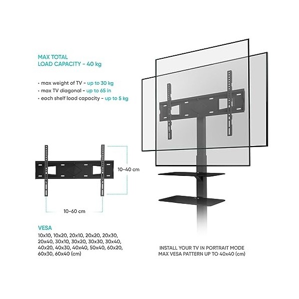 ONKRON TS5550 Support TV sur ped, Pied de Sol pour télé Meuble pour téléviseur de 32 à 65 Pouces Noir