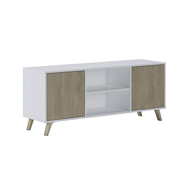 Skraut Home - Meuble TV pour Salon - 57 x 140 x 40 cm - Convient pour TV 32/40/50/55/60" - Modèle Wind 140 - Blanc Mat - 2 Po